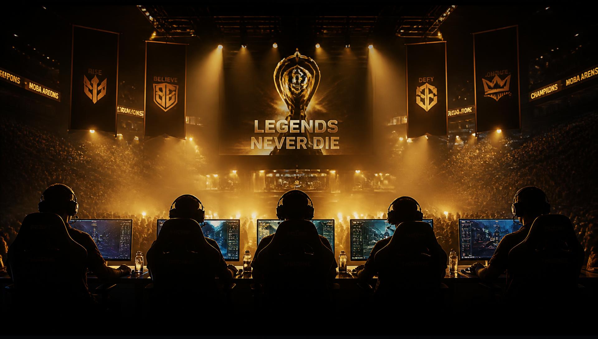 Silhouetted esports players facing a golden arena stage